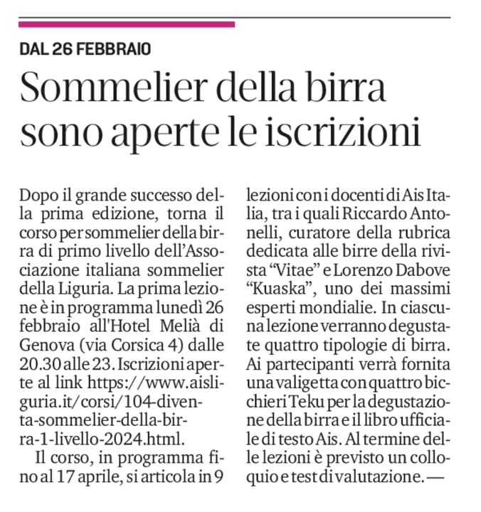 <p>Sommelier della Birra sono aperte le iscrizioni</p>