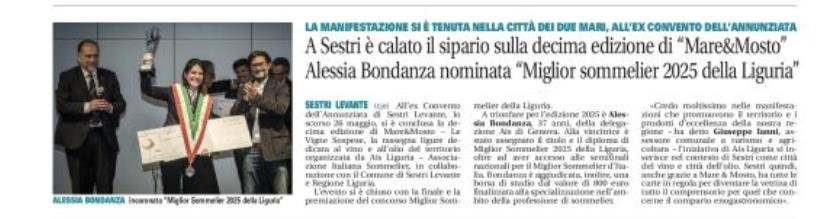 <p>A Sestri &egrave; calato il sipario sulla decima edizione di "Mare&Mosto". Alessia Bondanza nominata "Miglior sommelier 2025 della Liguria"</p>