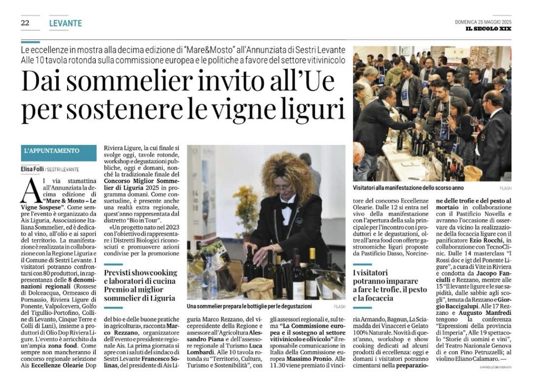<p>Dai sommelier invito all'Ue per sostenere le vigne liguri</p>