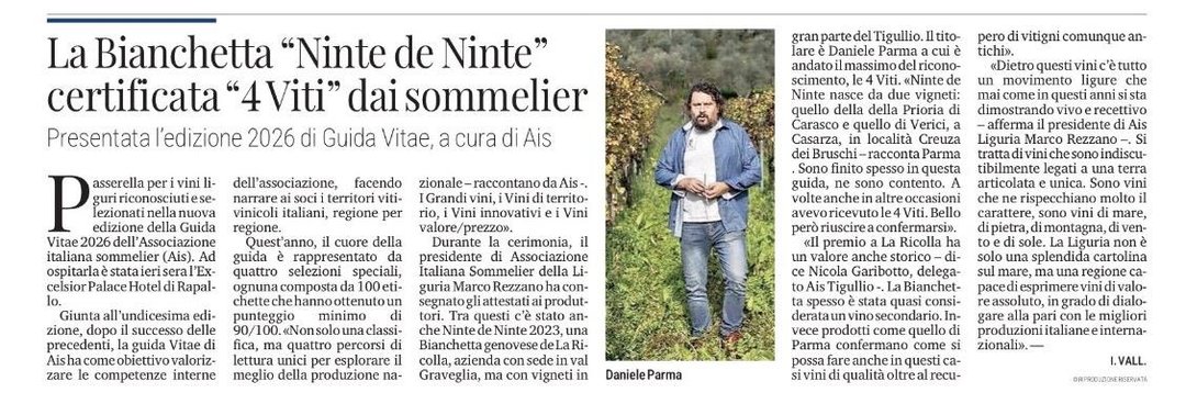 <p>La Bianchetta "Ninte de Ninte" certificata "4 Viti" dai sommelier</p>
