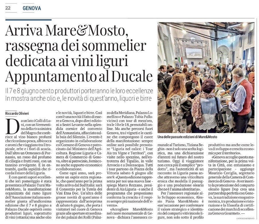 <p>Arriva Mare&Mosto, rassegna dei sommelier dedicata ai vini liguri. Appuntamento al Ducale</p>