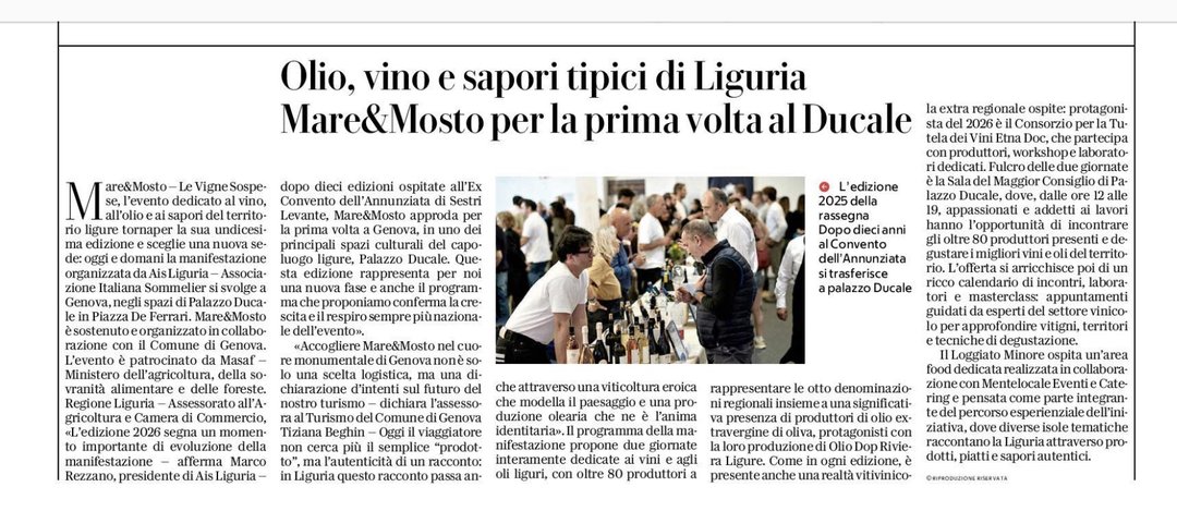 <p>Olio, vino e sapori tipici di&nbsp;Liguria. Mare&Mosto per la prima volta al Ducale</p>